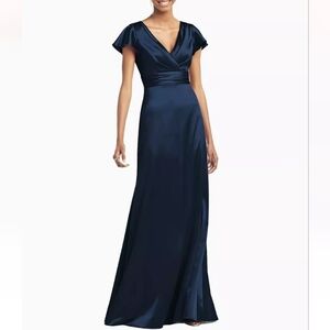 Social Bridesmaids Navy Blue Flutter Sleeve Draped Wrap Formal Gown
